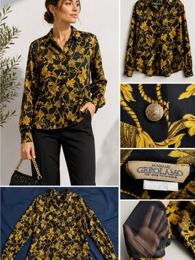Adams Black Button-Down Shirt with Gold Floral Print